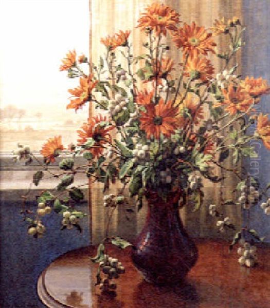 Flowers In A Vase On A Table With A View To A Winter Landscape Beyond Oil Painting by Wilhelm Andersen