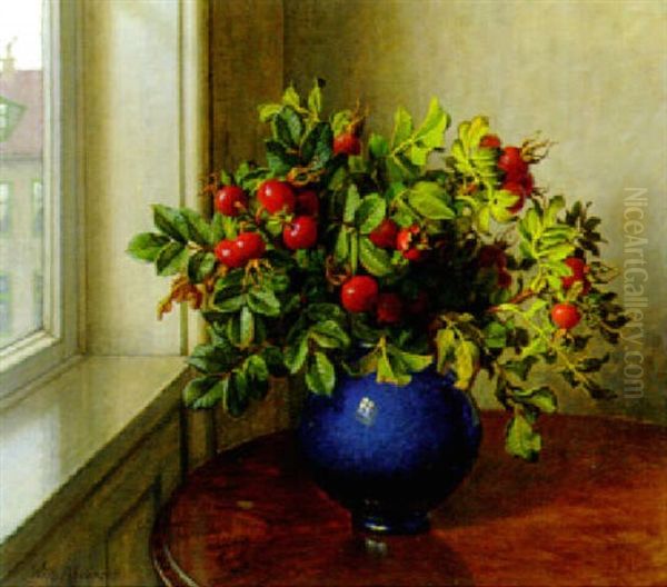 Rosehips In A Blue Glass Vase On A Table Beside A Window Oil Painting by Wilhelm Andersen