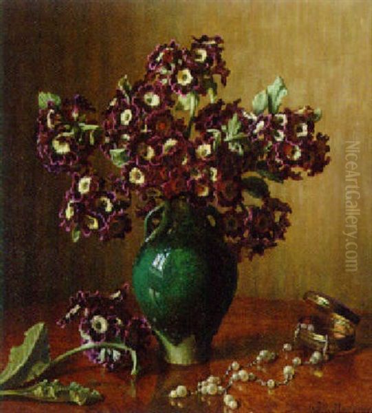 Sweet-williams In A Vase And A Pearl Necklace On A Table Oil Painting by Wilhelm Andersen