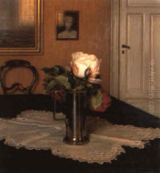 Roses In A Pewter Tankard On A Draped Table Oil Painting by Wilhelm Andersen