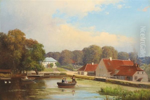 Scenery From Radvad, Denmark, With People Rowing Oil Painting by Anders Andersen-Lundby