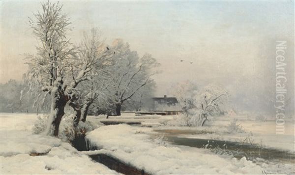 Winter Landscape By A River Oil Painting by Anders Andersen-Lundby