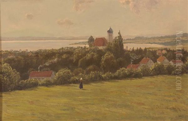 Blick Von Leichter Anhohe Auf Wasserburg Mit Der Kirche St. Georg, Im Hintergrund Der Bodensee Und Bergkulisse Oil Painting by Anders Andersen-Lundby