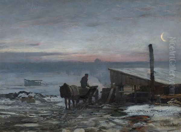 Bauerliches Fuhrwerk In Winterlicher Landschaft Im Morgengrauen Oil Painting by Anders Andersen-Lundby