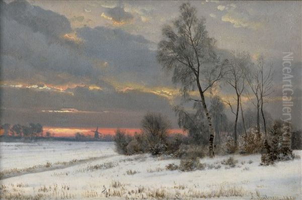 Winterlandschaft Im Abendrot Mit Windmuhle Oil Painting by Anders Andersen-Lundby