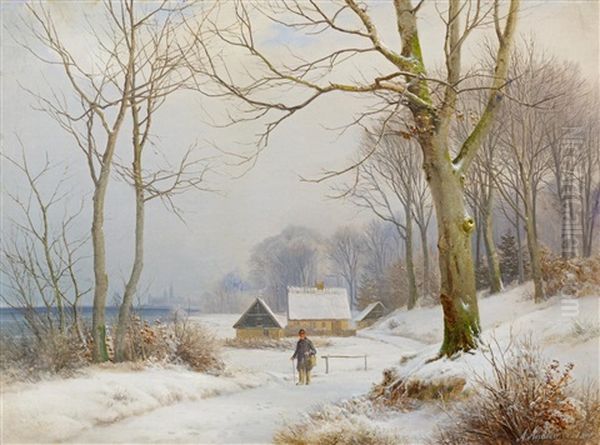 Wintertag An Der Kuste Bei Schloss Frederiksborg Oil Painting by Anders Andersen-Lundby