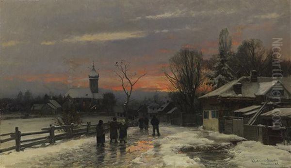 Winterlicher Kirchgang In Der Dammerung Oil Painting by Anders Andersen-Lundby