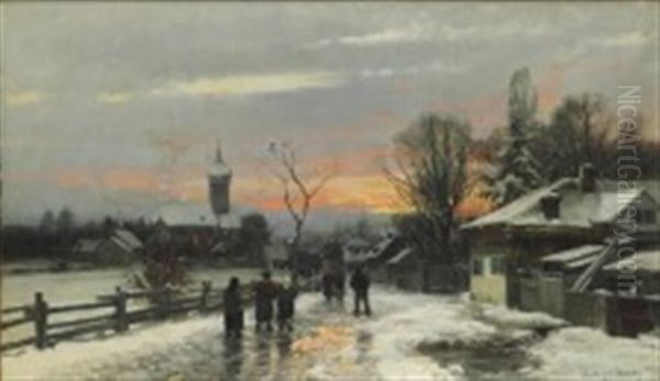 People On Their Way To Church On A Winter Evening, Munich Oil Painting by Anders Andersen-Lundby