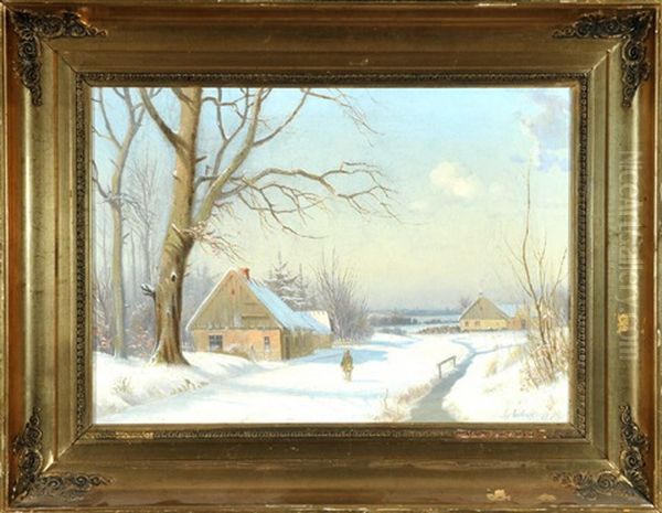 Gehoft In Weiter Winterlandschaft Mit Bachlauf Oil Painting by Anders Andersen-Lundby