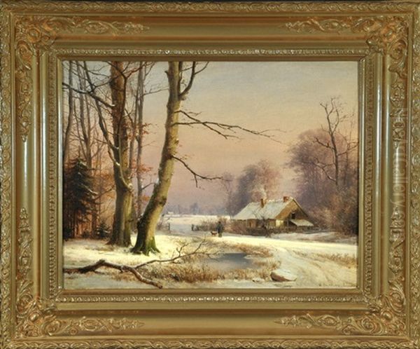 Spazierganger Mit Hund Am Haus In Winterlandschaft Oil Painting by Anders Andersen-Lundby