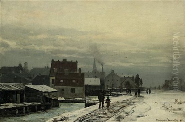 Spazierganger Am Wasserwehr Im Winter Oil Painting by Anders Andersen-Lundby