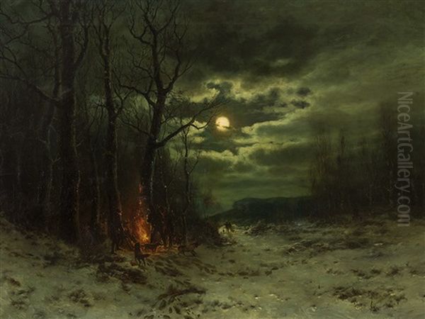 Huntsmen By The Fire Oil Painting by Anders Andersen-Lundby