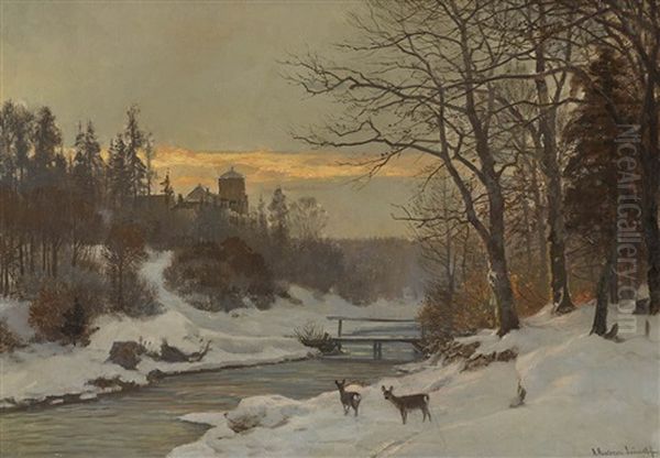 Winterliche Bachlandschaft Oil Painting by Anders Andersen-Lundby