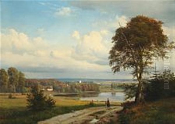 Landscape With Persons And Dronninglund Church In The Background Oil Painting by Anders Andersen-Lundby