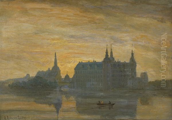 Ansicht Von Schlos Frederiksborg In Der Dammerung Oil Painting by Anders Andersen-Lundby