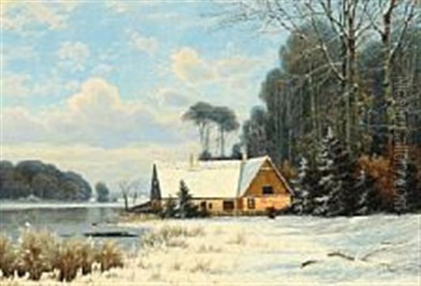 Winter Scenery At A Forest Lake Oil Painting by Anders Andersen-Lundby