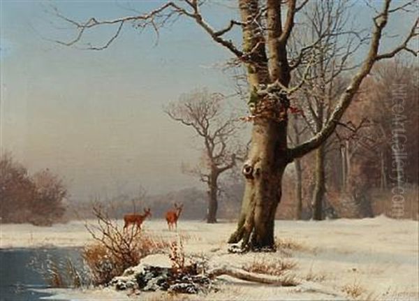 Winter Landscape With Deer Oil Painting by Anders Andersen-Lundby