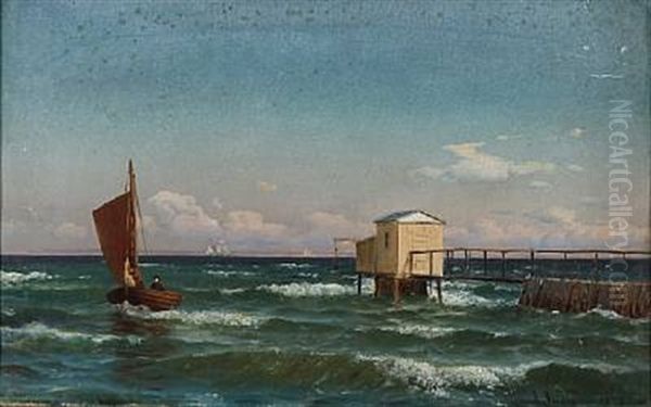 Coastal Scene With Fishermen At A Jetty Oil Painting by Anders Andersen-Lundby