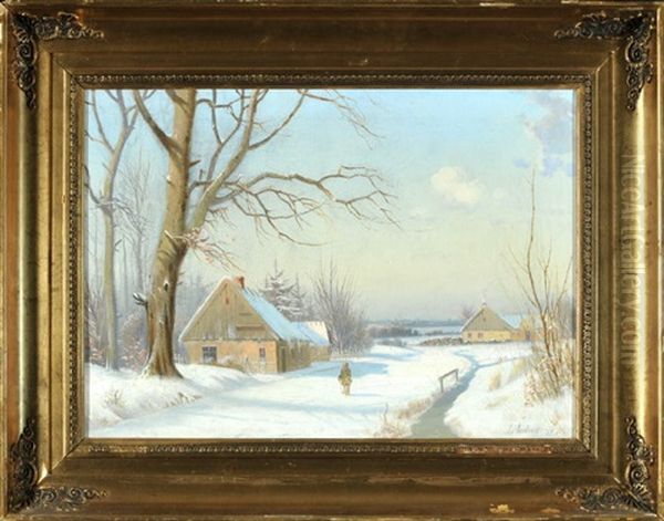 Gehoft Am Verschneiten Waldrand Mit Person Oil Painting by Anders Andersen-Lundby