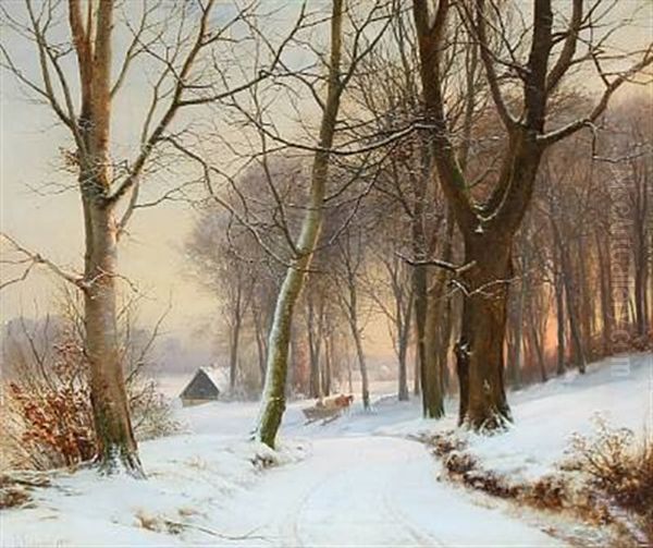 Winter Landscape At Sunrise Oil Painting by Anders Andersen-Lundby