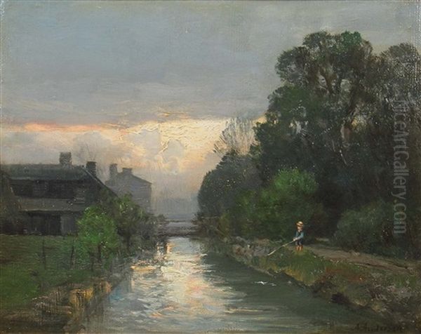 Angler Am Fluss Bei Sonnenuntergang Oil Painting by Anders Andersen-Lundby