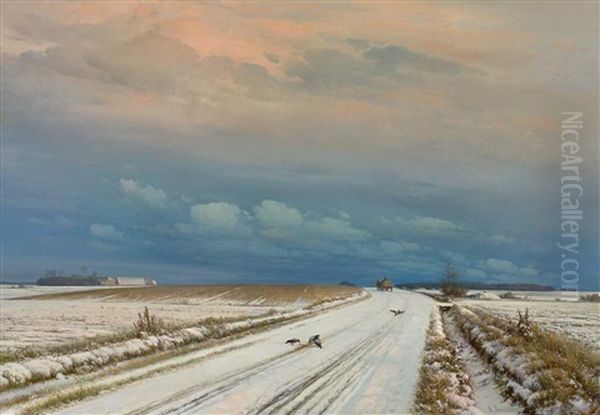 Winterliche Landschaft Mit Verschneiten Feldern, Saatkrahen Und Heimkehrendem Fuhrwerk Oil Painting by Anders Andersen-Lundby