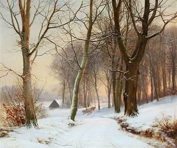 Winter Landscape At Sunrise Oil Painting by Anders Andersen-Lundby