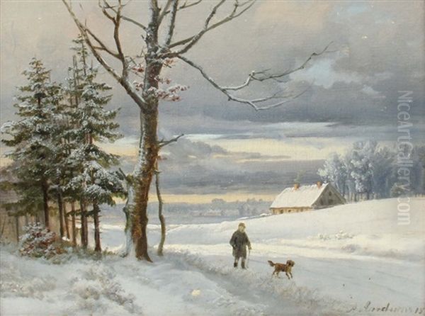 Spazierganger Mit Jagdhund In Verschneiter Landschaft Oil Painting by Anders Andersen-Lundby