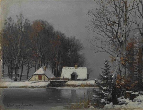 Winterlandschaft Mit Hausern Am Wehr Oil Painting by Anders Andersen-Lundby