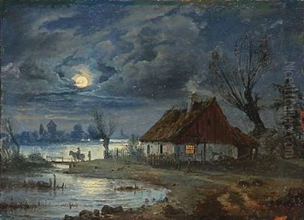 Evening Landscape With A House In Moonlight Oil Painting by Anders Andersen-Lundby