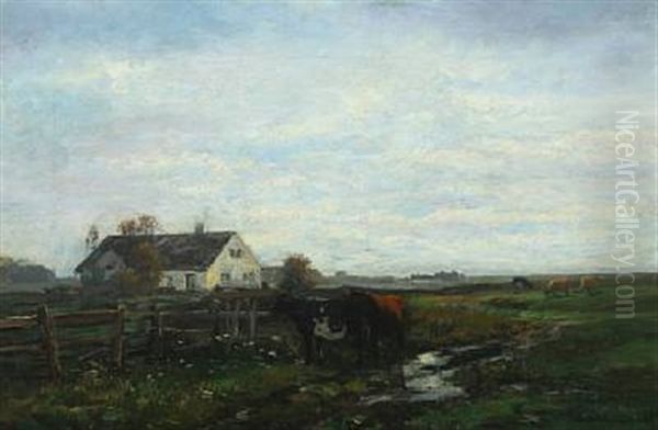 Cows In A Field Near Houses Oil Painting by Anders Andersen-Lundby