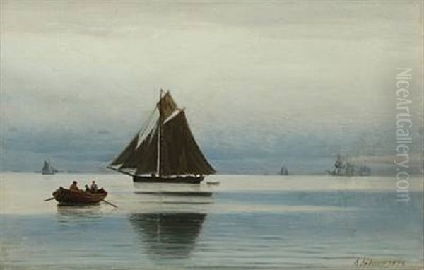 Seascape With Sailing Ships And Persons In A Rowing Boat Oil Painting by Anders Andersen-Lundby