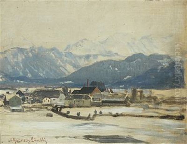 Wintry Landscape Near Munich, In The Background Mountains Oil Painting by Anders Andersen-Lundby