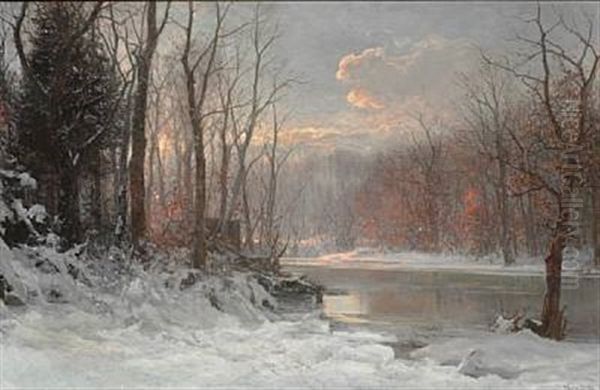 Winter Landscape With A Brook And Snow-clad Trees Oil Painting by Anders Andersen-Lundby