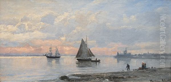 Ships Off Kronborg Castle Oil Painting by Anders Andersen-Lundby