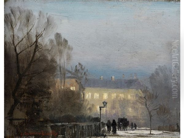 Nachtlich Erleuchtetes Gebaude Im Park In Nebligem Licht, Davor Pferdekutsche Und Personenstaffage Oil Painting by Anders Andersen-Lundby