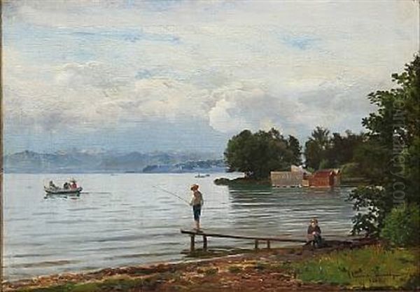 View From A Mountain Lake With A Boy Fishing Oil Painting by Anders Andersen-Lundby