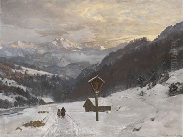 Winterliche Gebirgslandschaft Mit Marterl Oil Painting by Anders Andersen-Lundby