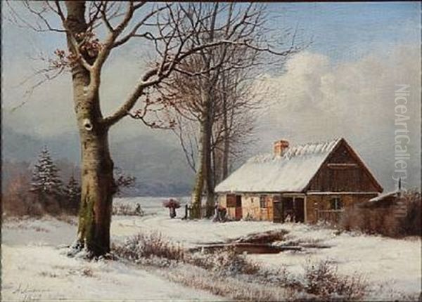 Winter Landscape With A Man And Woman Collecting Firewood At A Thatched House Oil Painting by Anders Andersen-Lundby