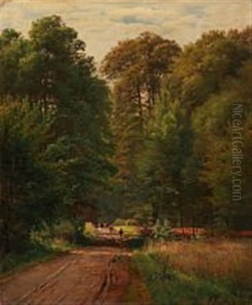 A Shepherd With Cows On A Road Through The Forest Oil Painting by Anders Andersen-Lundby