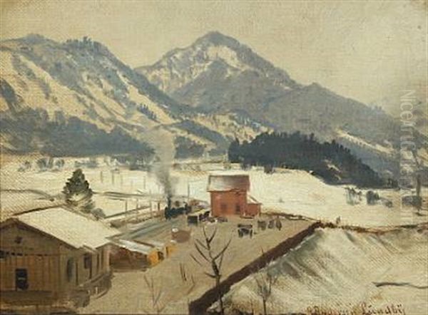 Wintry Mountainscape With Train Oil Painting by Anders Andersen-Lundby