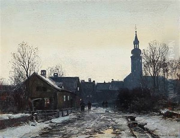 Village Scene At Winter Time, Presumably From The Outskirts Of Munich Oil Painting by Anders Andersen-Lundby