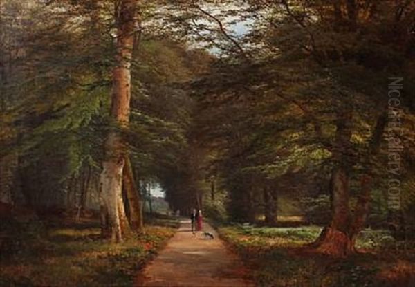 Forest Scene With Walking Couples Oil Painting by Anders Andersen-Lundby