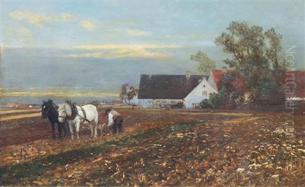 A Farm In Evening Light Oil Painting by Anders Andersen-Lundby