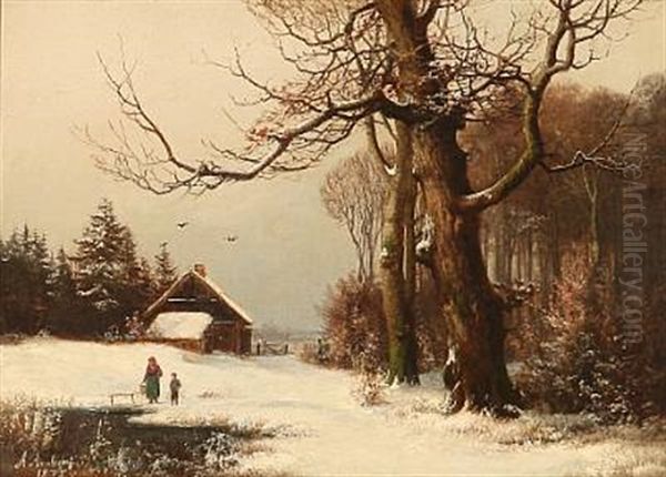 Mother And Son Near A Frozen Lake Oil Painting by Anders Andersen-Lundby