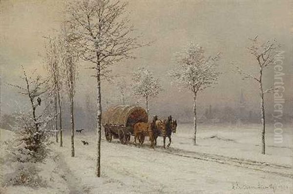 Kutschfahrt Auf Verschneiter Strase Oil Painting by Anders Andersen-Lundby