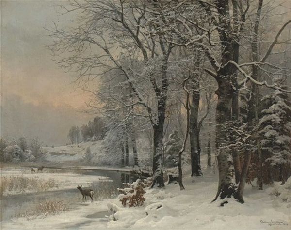 Winterlandschaft Mit Rehen Oil Painting by Anders Andersen-Lundby