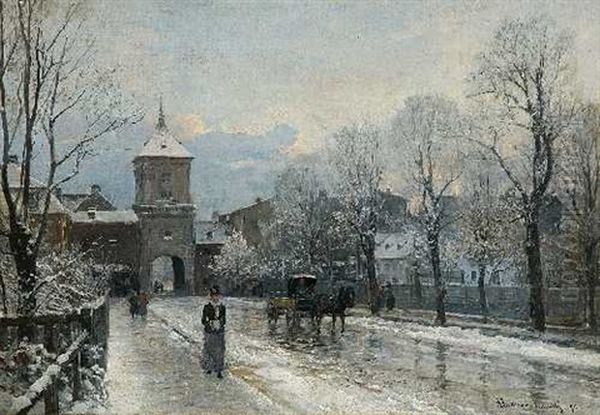 Winterliche Strasenszene In Giesing Oil Painting by Anders Andersen-Lundby