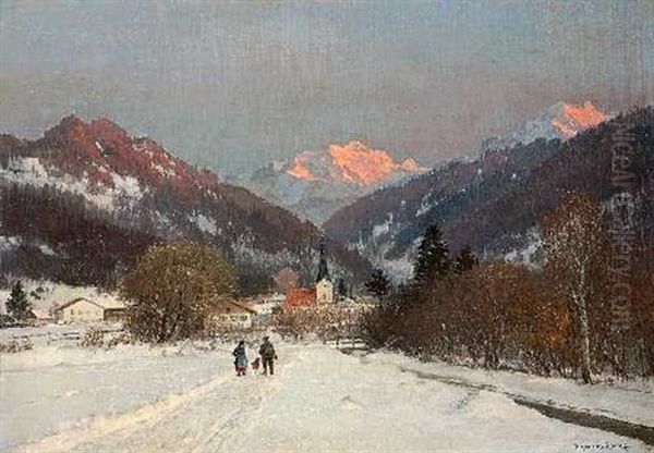 Winterliches Dorf In Den Bergen Oil Painting by Anders Andersen-Lundby