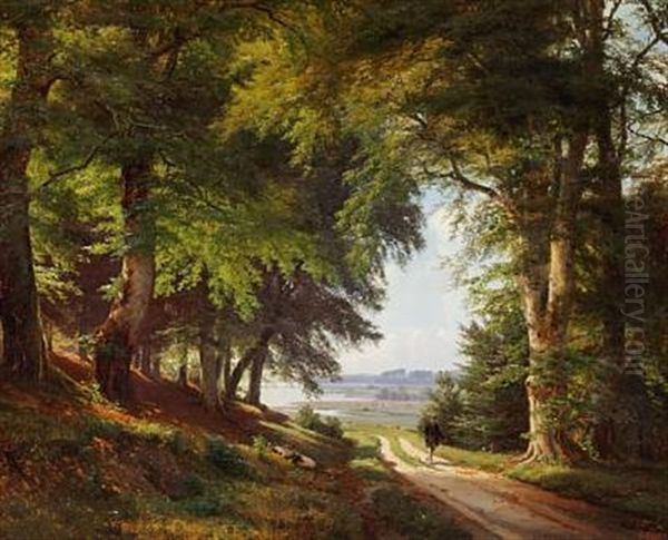 Woodland Scene With A Man Walking On A Path Oil Painting by Anders Andersen-Lundby